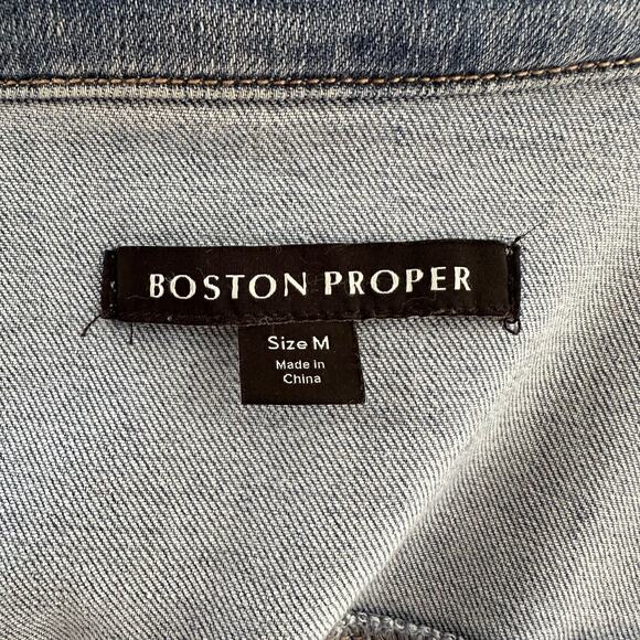 Boston Proper Medium Denim Blue Jean Jacket Floral Embroidered Cotton Stretch - Picture 6 of 7